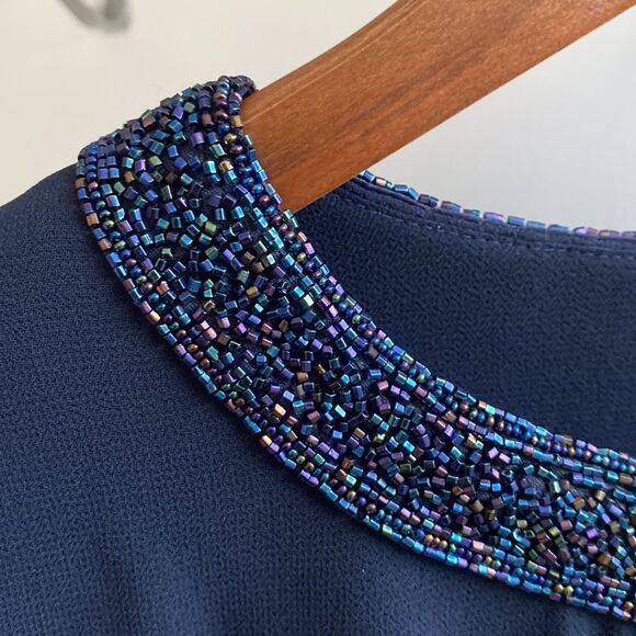 Vintage Navy Blue Blouse with Beaded Collar - Picture 3 of 10